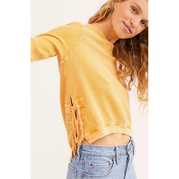 Free People Tops - Free People One Top Cropped Interlaken Thermal Waffle Yellow Boho Lounge Cozy